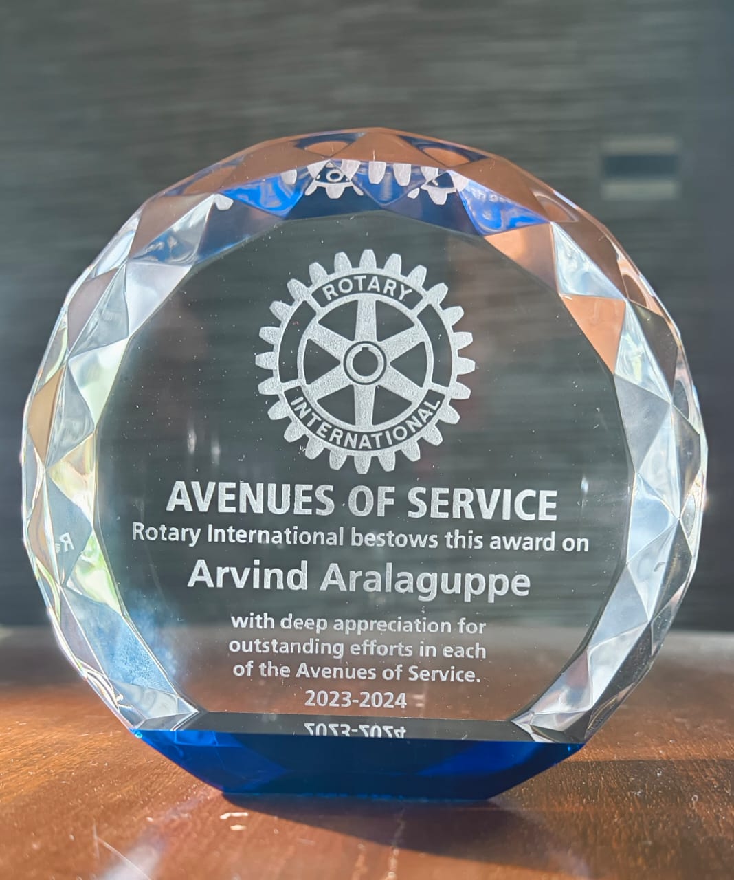 Avenues of Service award ( 2021-2022 ) presented to RBA President 23-24 Rtn. Arvind Aralaguppe